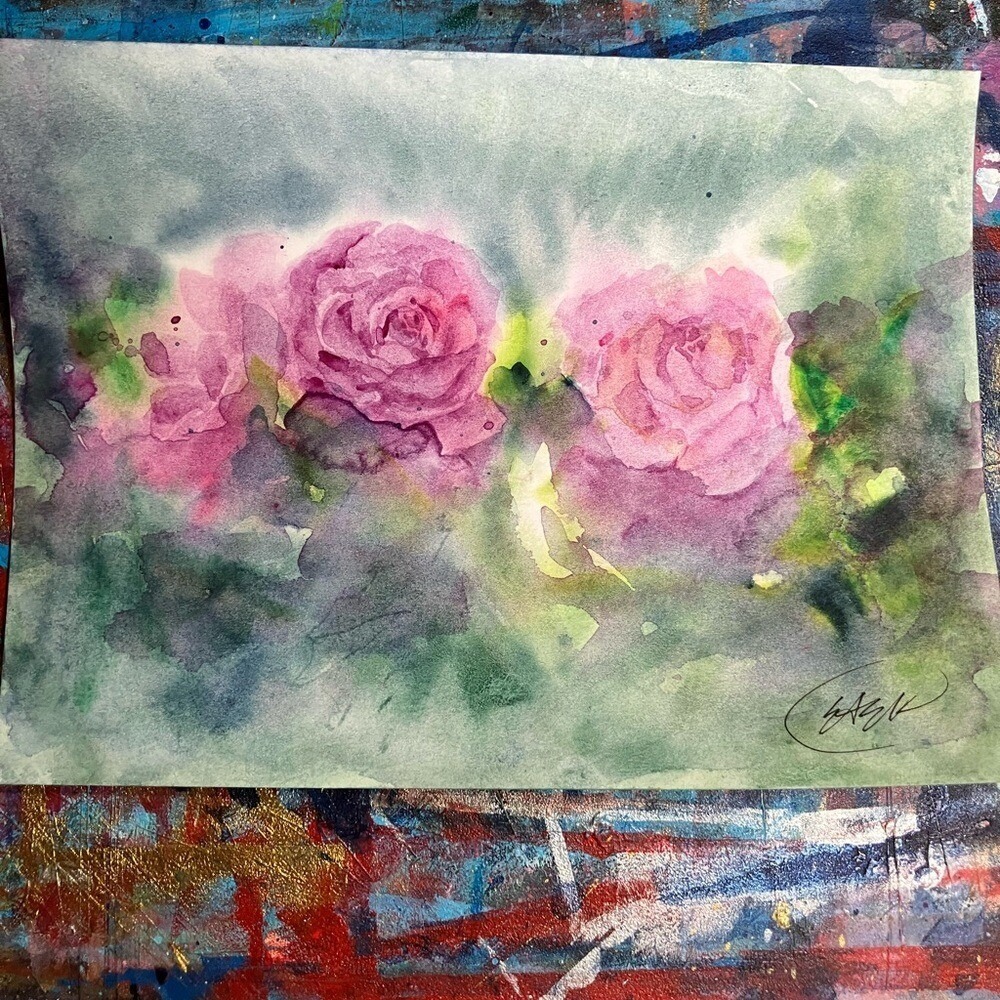 Original roses painting Watercolor New handmade Pink Floral home art Artettina